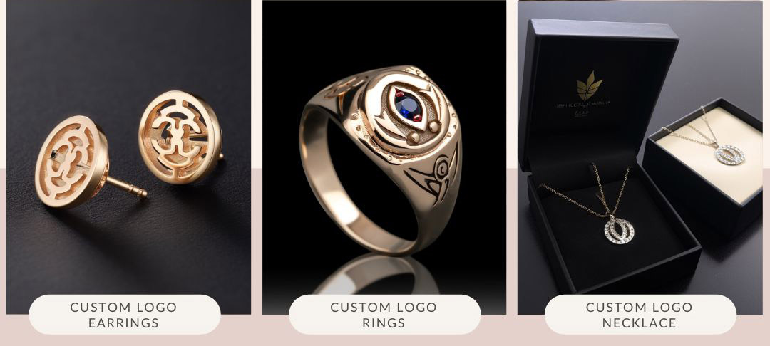 Examples of custom corporate logo jewelry including gold earrings, rings, and necklaces.