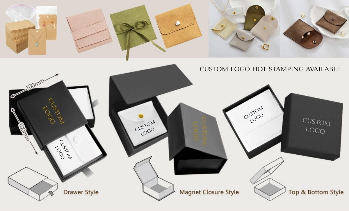Examples of custom jewelry packaging including boxes and pouches with logo hot stamping