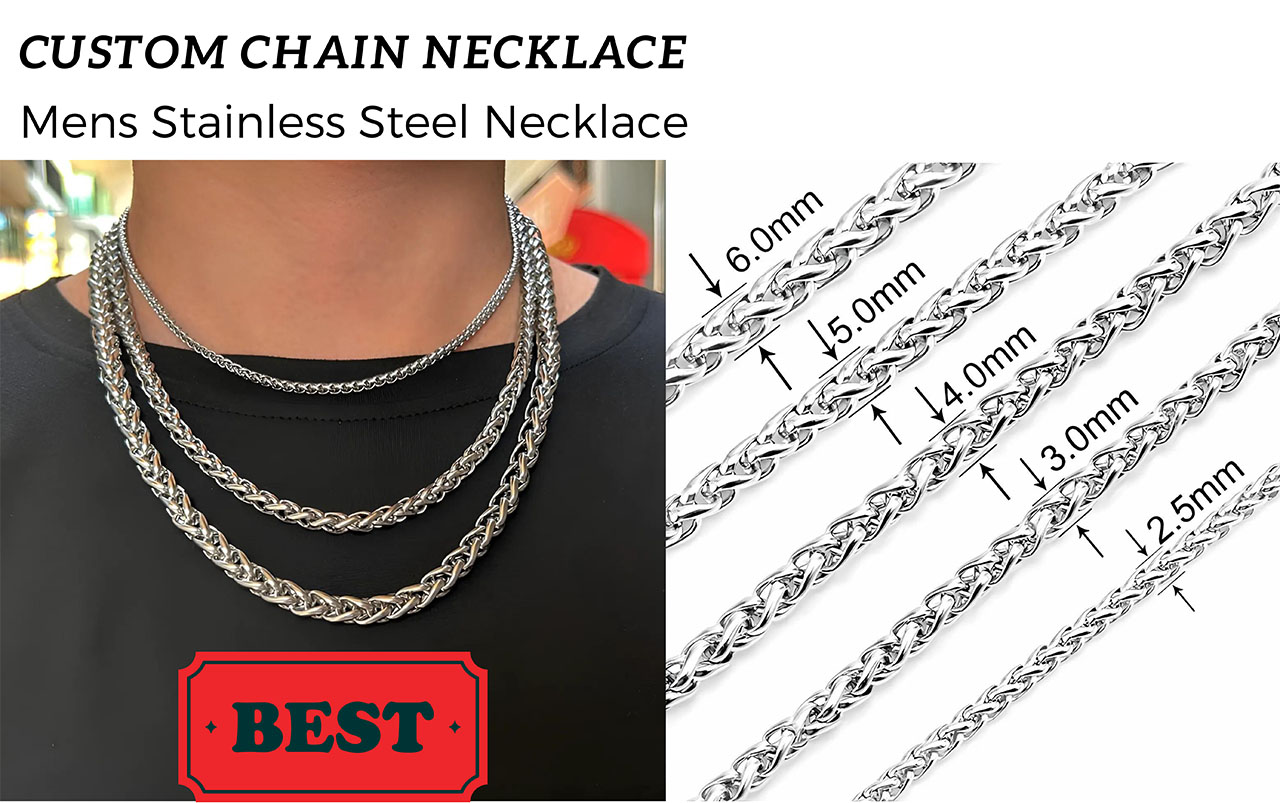 A collection of custom stainless steel chain necklaces for men with various thickness options