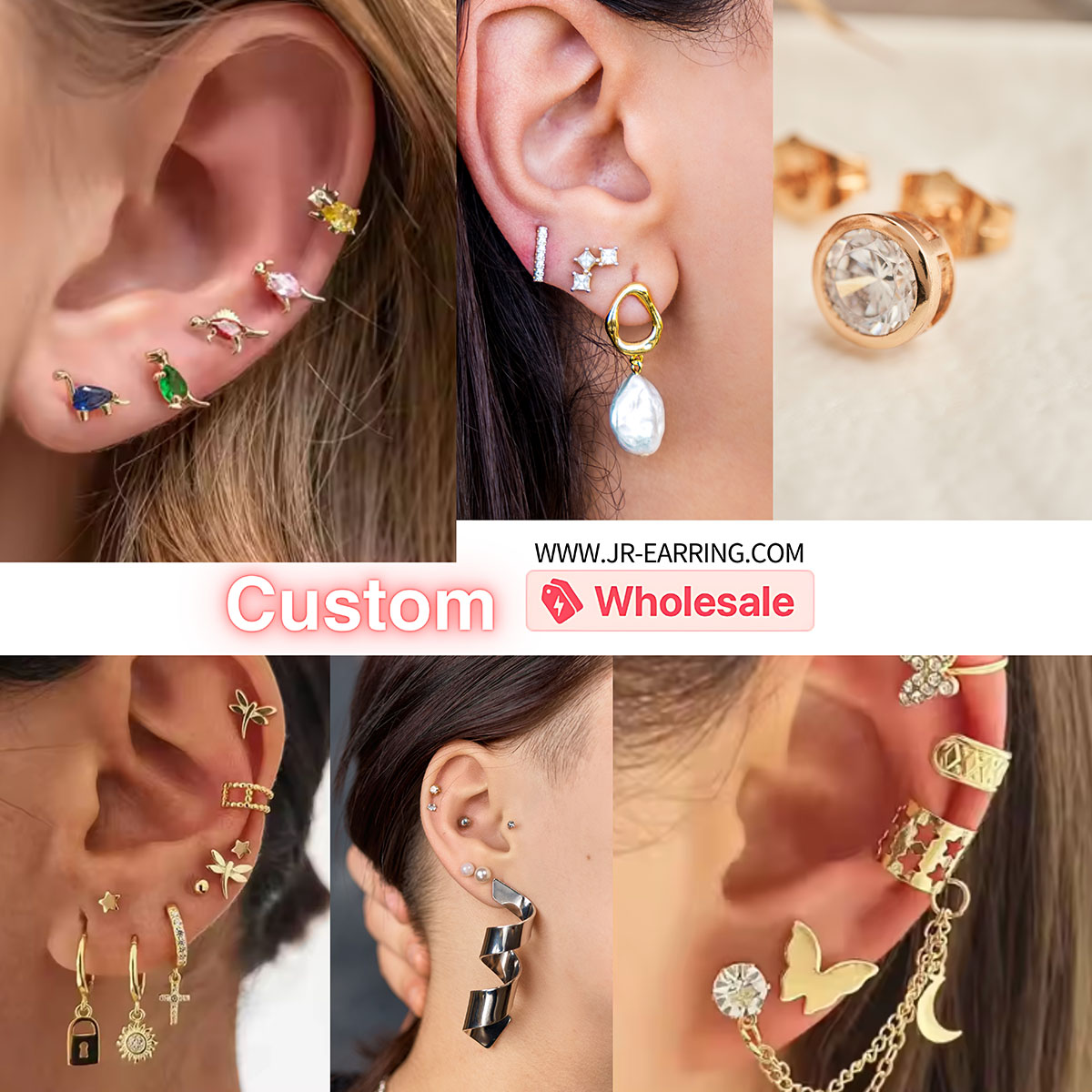 A collage showcasing various styles of custom wholesale earrings, including the cartilage stud set.