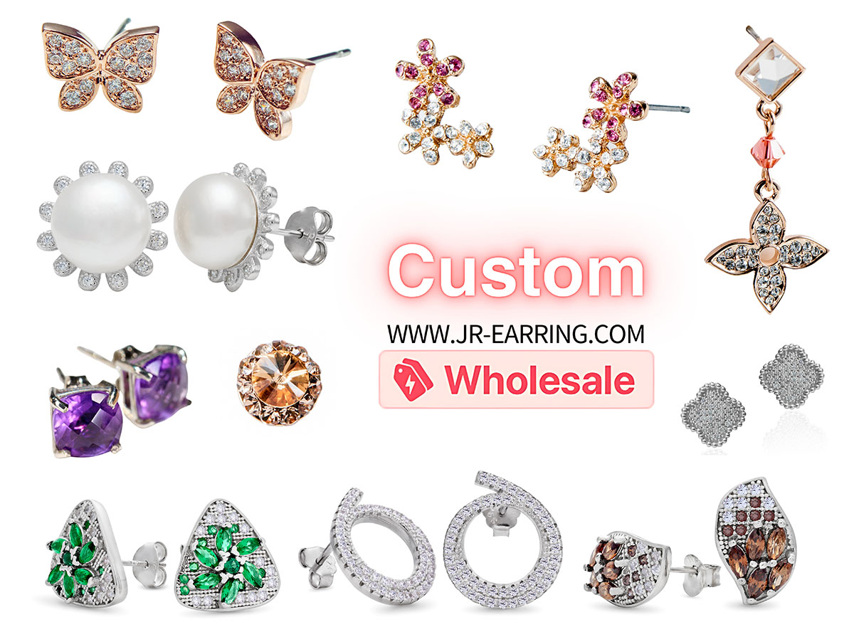 A promotional image for custom wholesale earrings from JR Fashion Accessories, displaying a diverse collection.