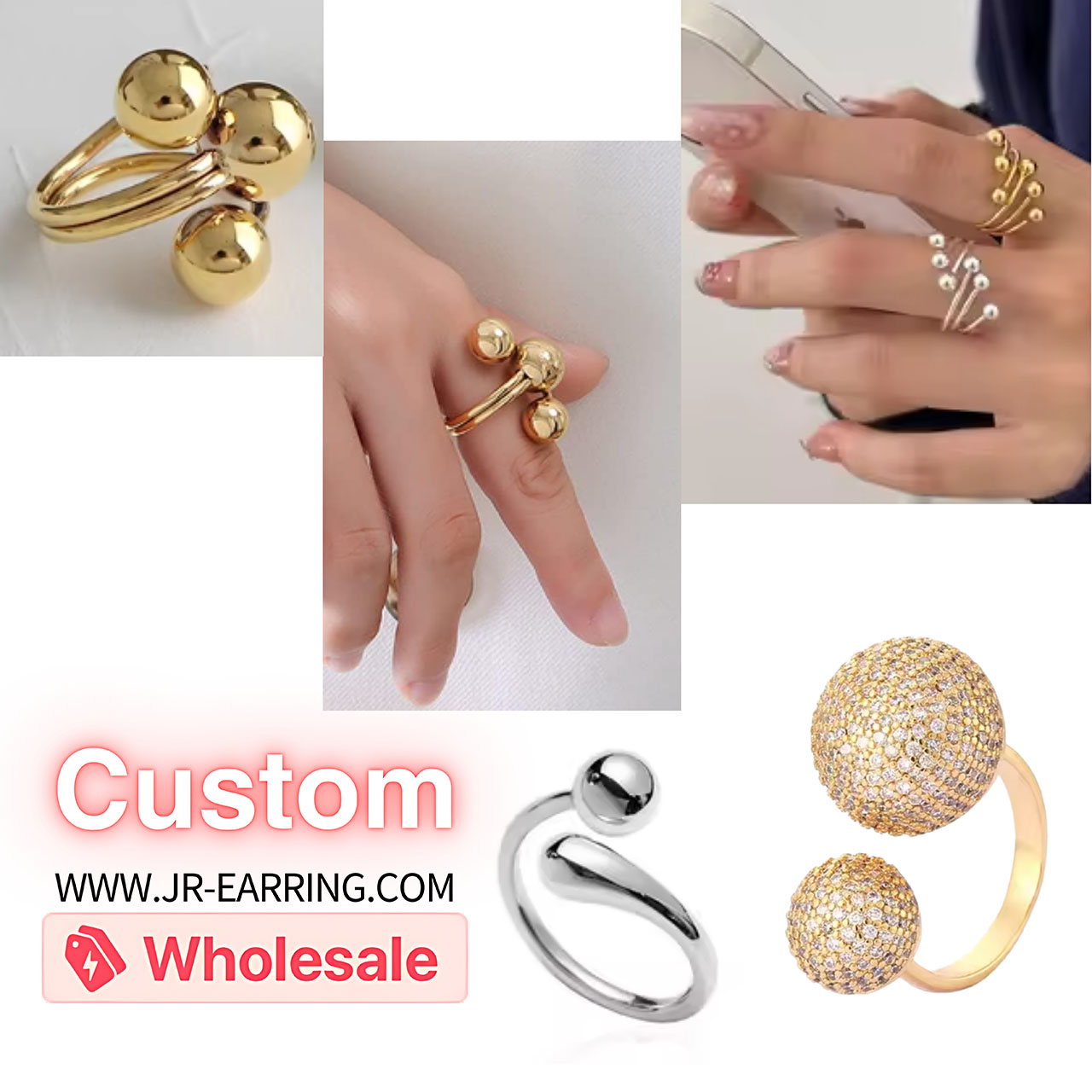 A collection of various custom wholesale rings offered by JR Fashion Accessories