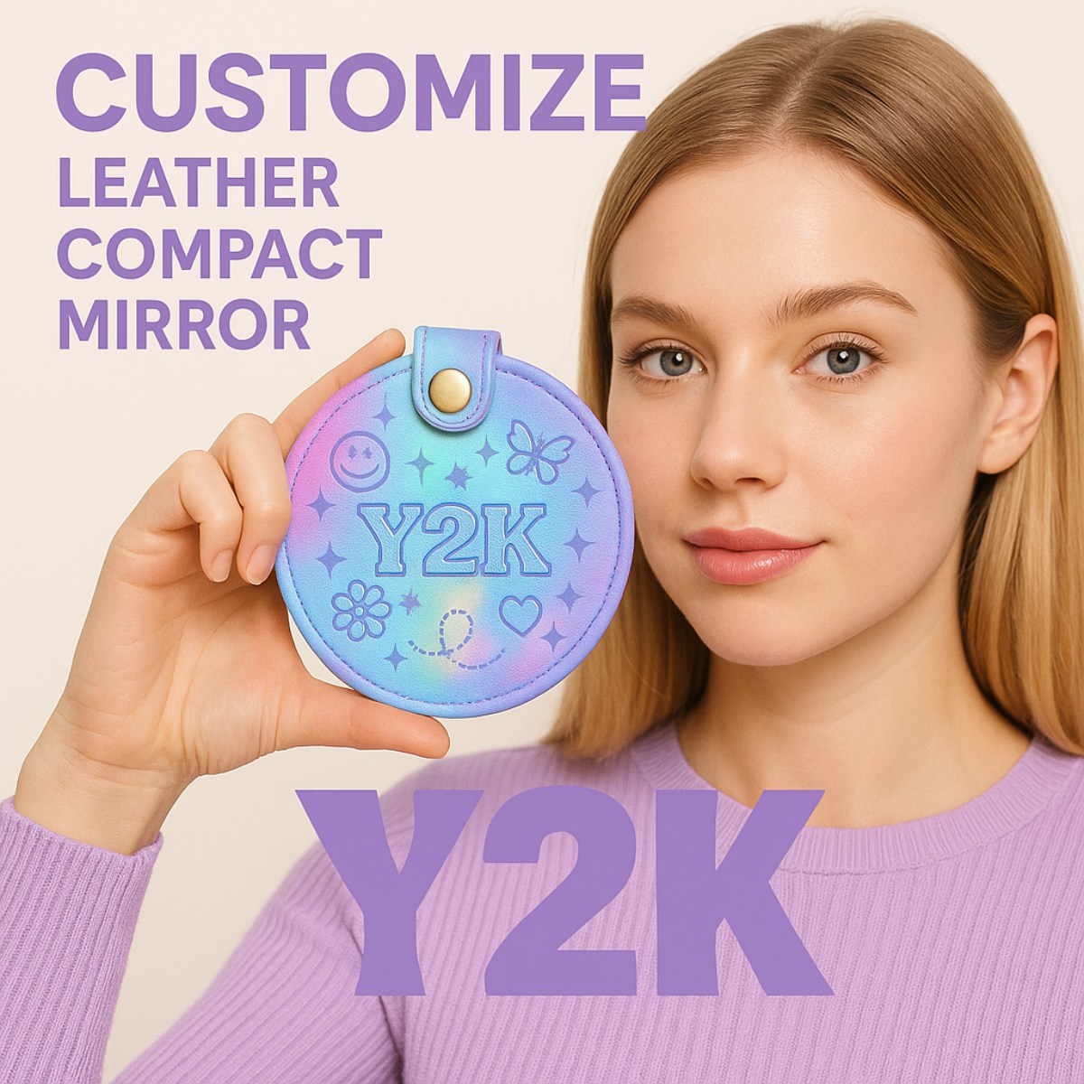 A pink Y2K-themed leather compact mirror with a playful design.