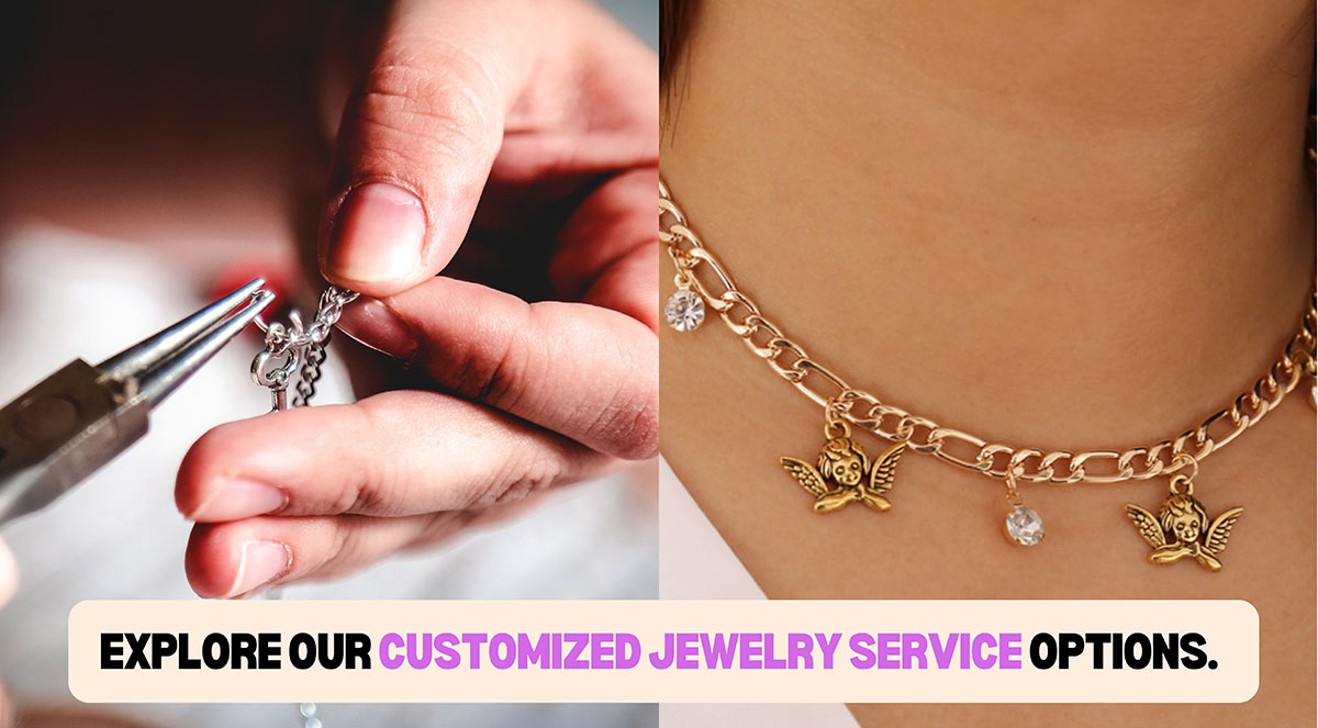 Customization process for a gold necklace with various charms at JR Fashion Accessories.