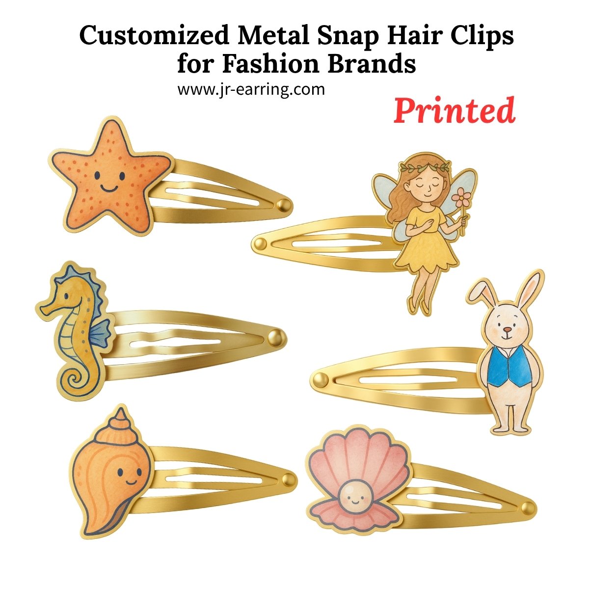 Custom metal snap hair clips with printed cartoon designs