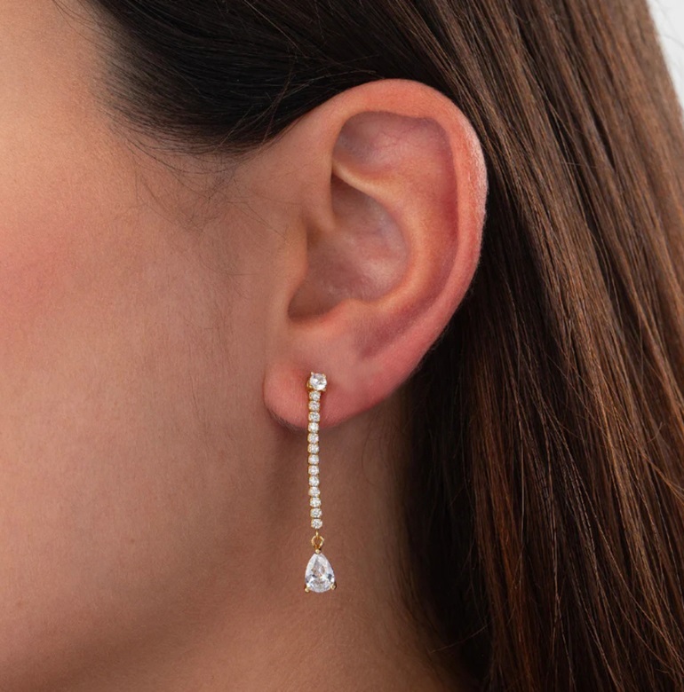 Model wearing the elegant 925 Sterling Silver Zirconia Pear Drop Earrings.