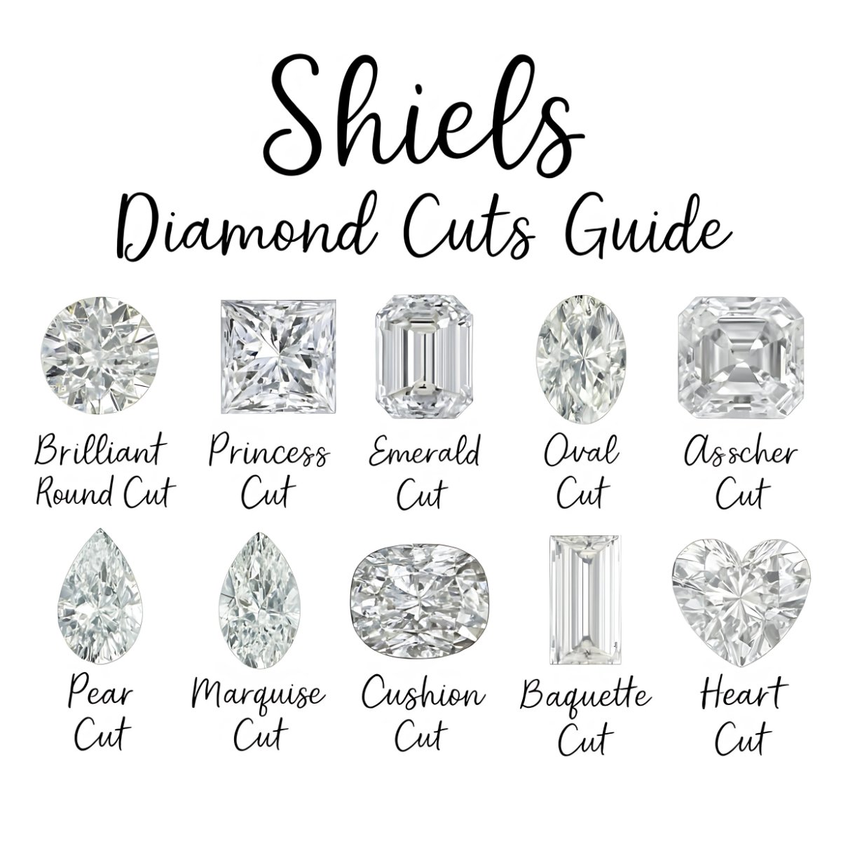 A guide showing ten different popular diamond cuts for engagement rings