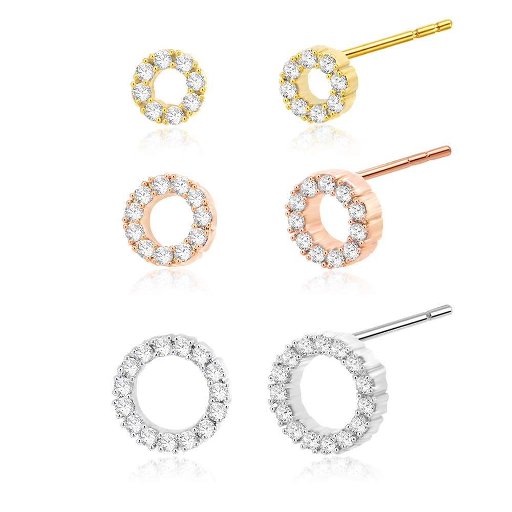Three pairs of Pave Circle Stud Earrings in gold, rose gold, and silver finishes displayed side-by-side.