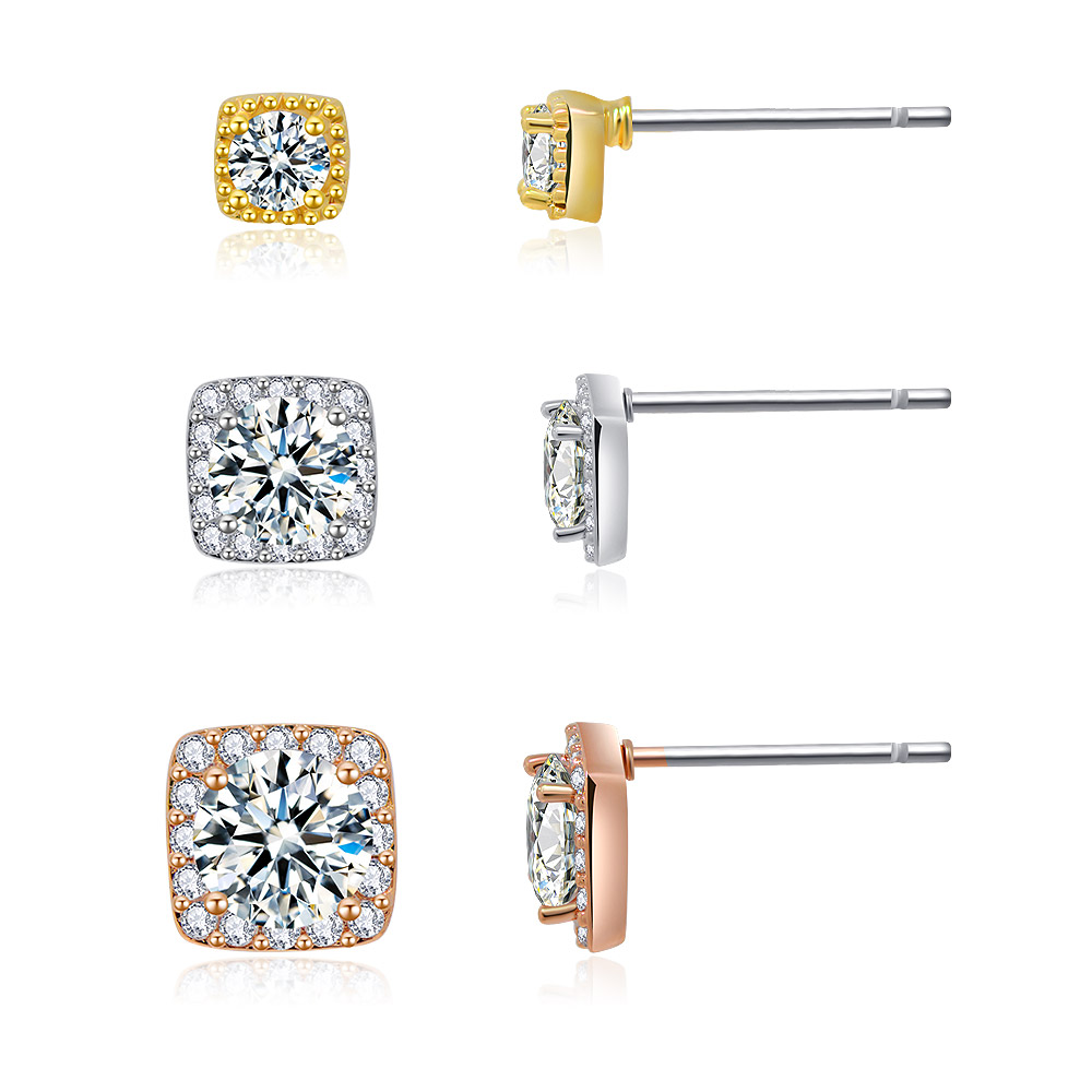 Detailed view of the tri-tone square pave stud earrings