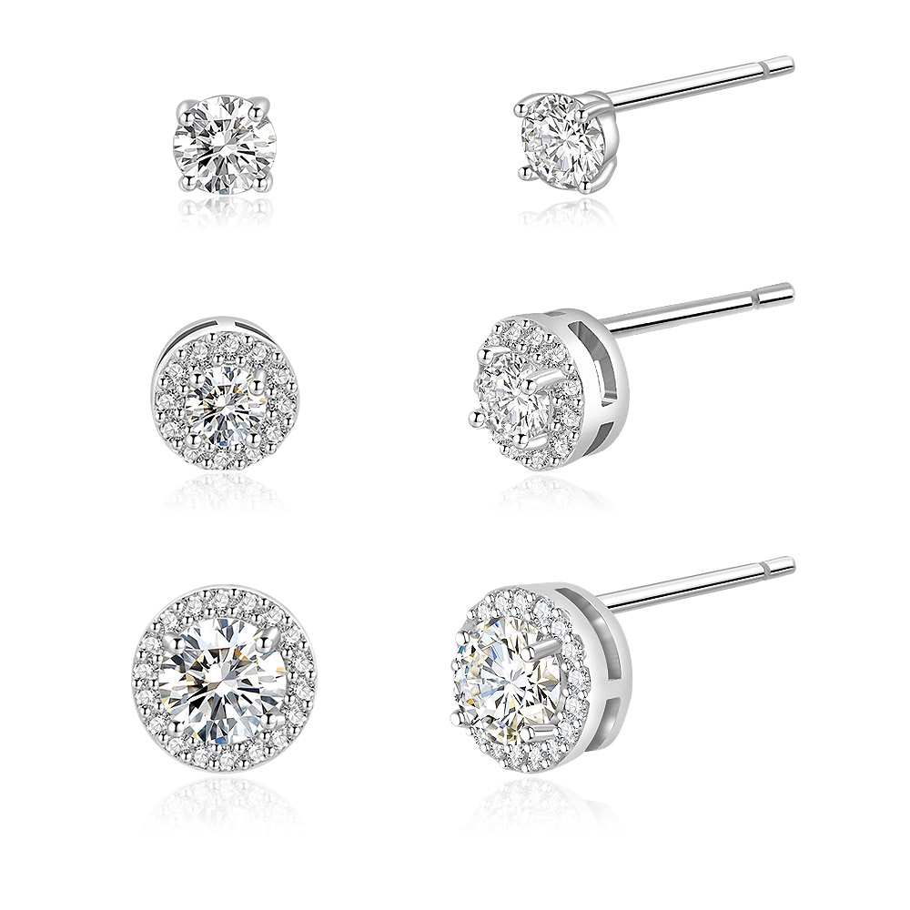 Product showcase of the 3-pair rhodium pave stud earring set