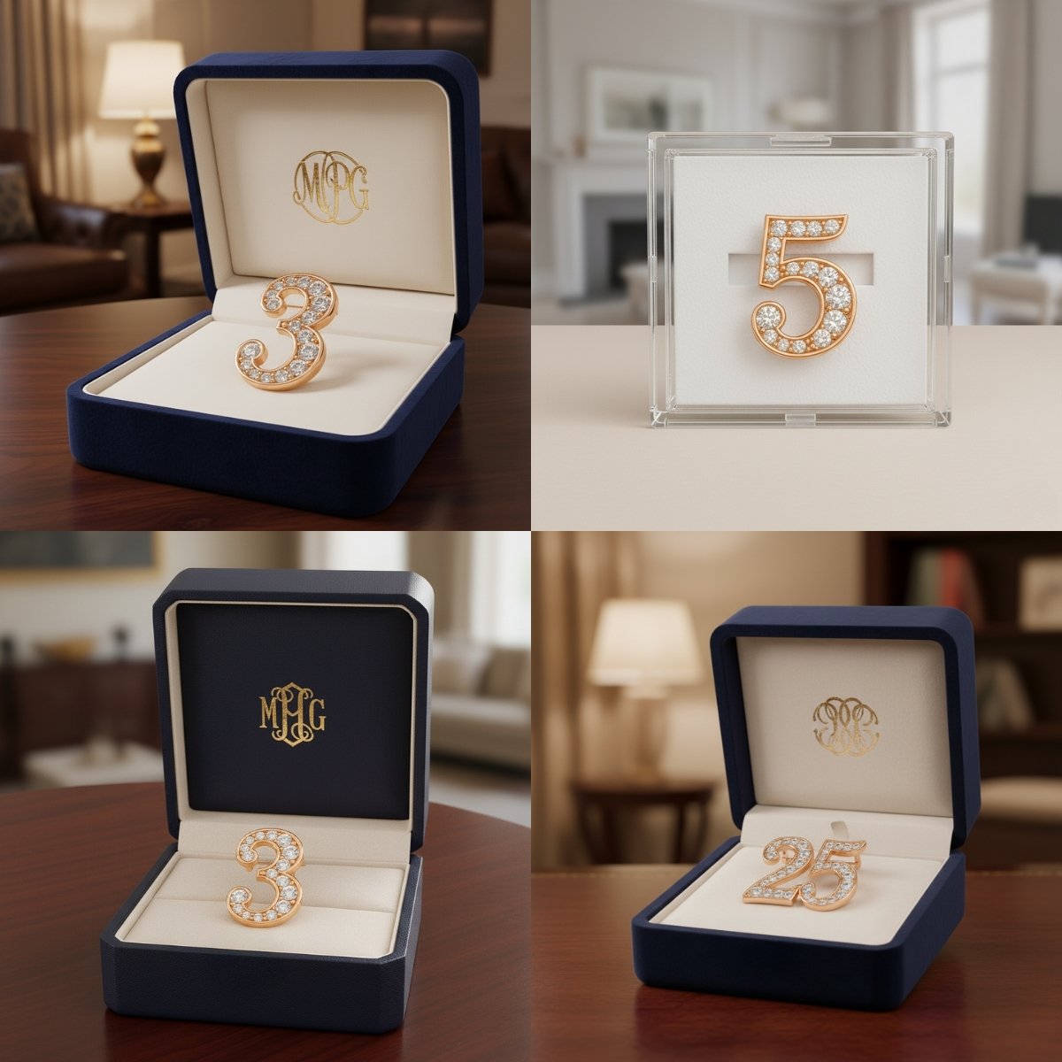 A collection of custom letter brooch designs including numbers 3, 5, and 25 displayed in elegant gift boxes.