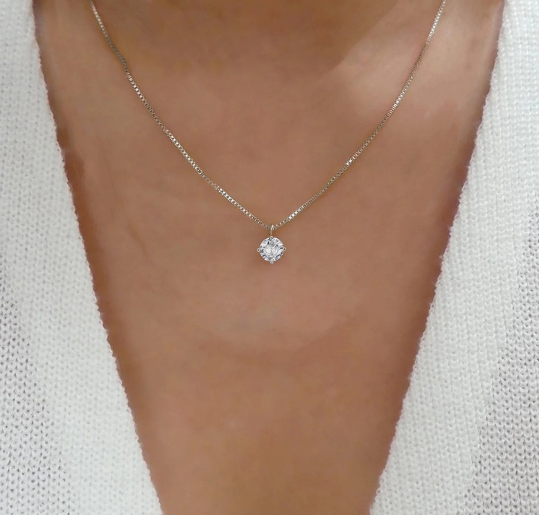 Model wearing the 925 Sterling Silver Solitaire Pendant Necklace