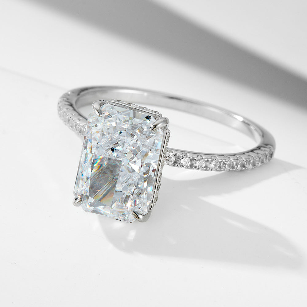 Close-up of the white gold plated cushion cut CZ engagement ring