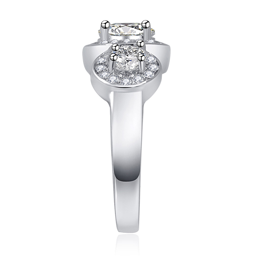 Detailed close-up of the LOVE 3 Stone Zirconia Ring's prong setting