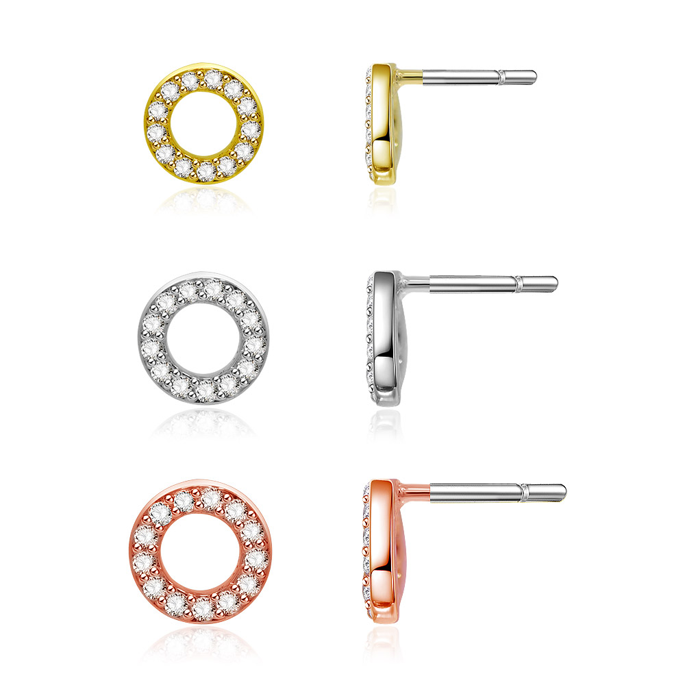 Detailed view of the three pairs of circle stud earrings showing front and side profiles