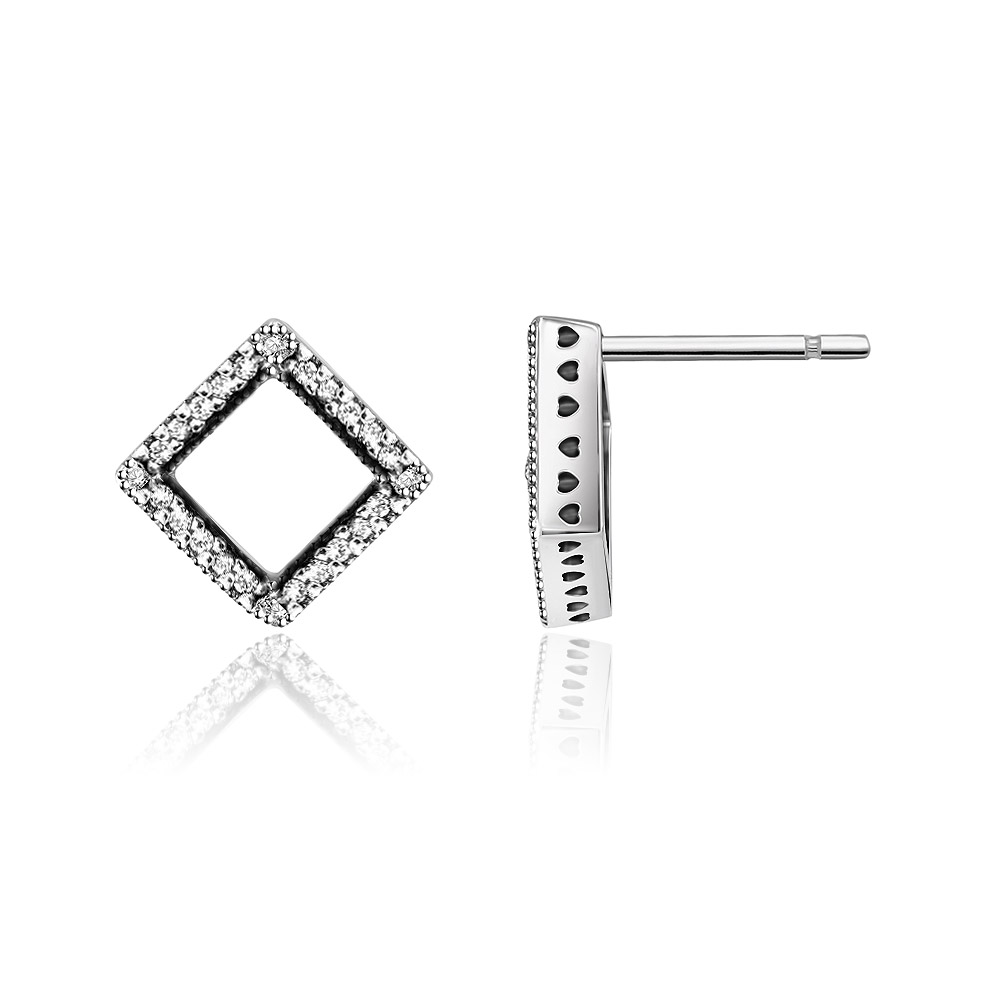 Detailed side view of the square silver zirconia stud earrings