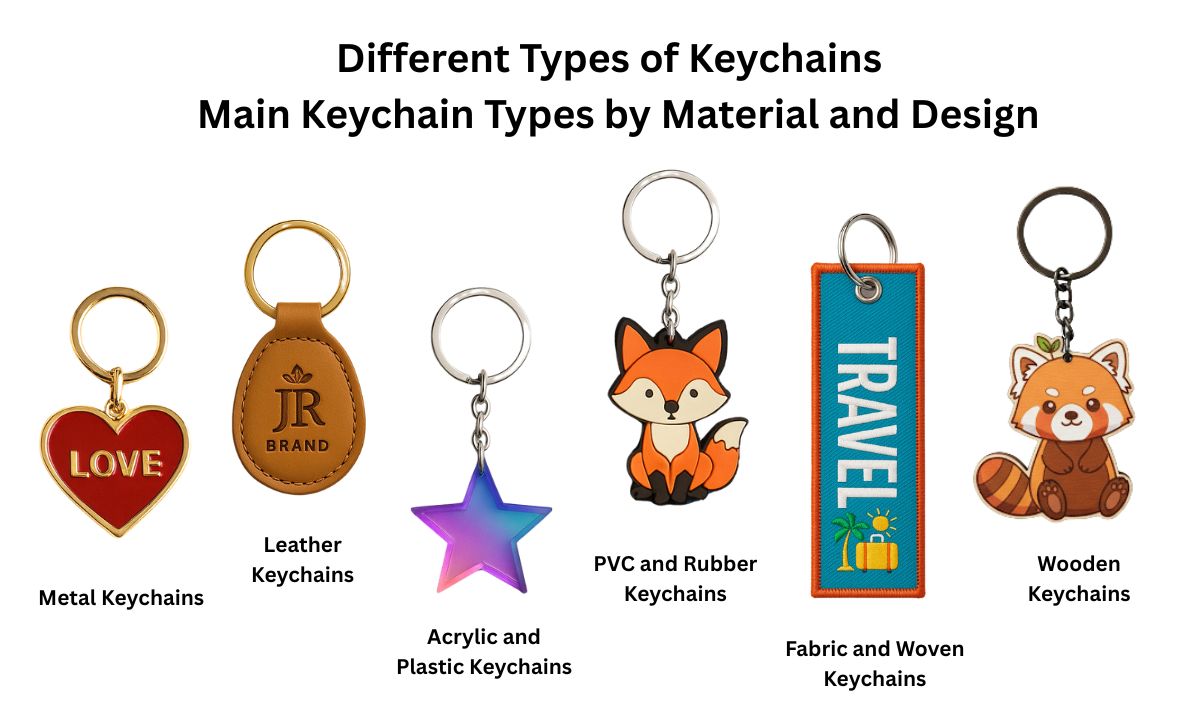 A visual guide showing six main types of keychains categorized by material: metal, leather, acrylic, PVC, fabric, and wood.