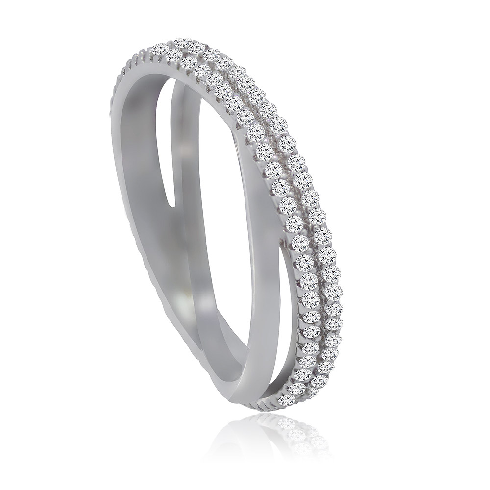 Detailed side view of the 3MM Cross Over Band Ring highlighting the double row of diamonds.