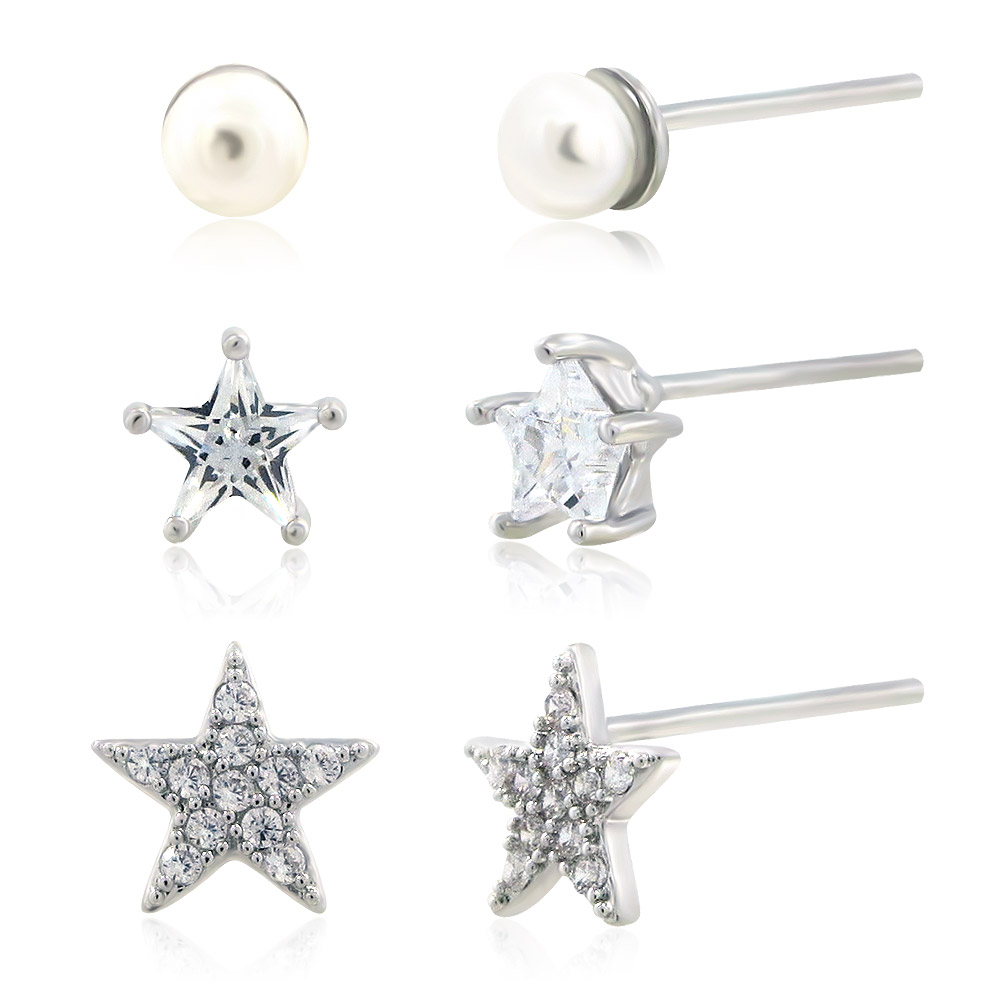 Detailed view of the star and pearl earring set collection