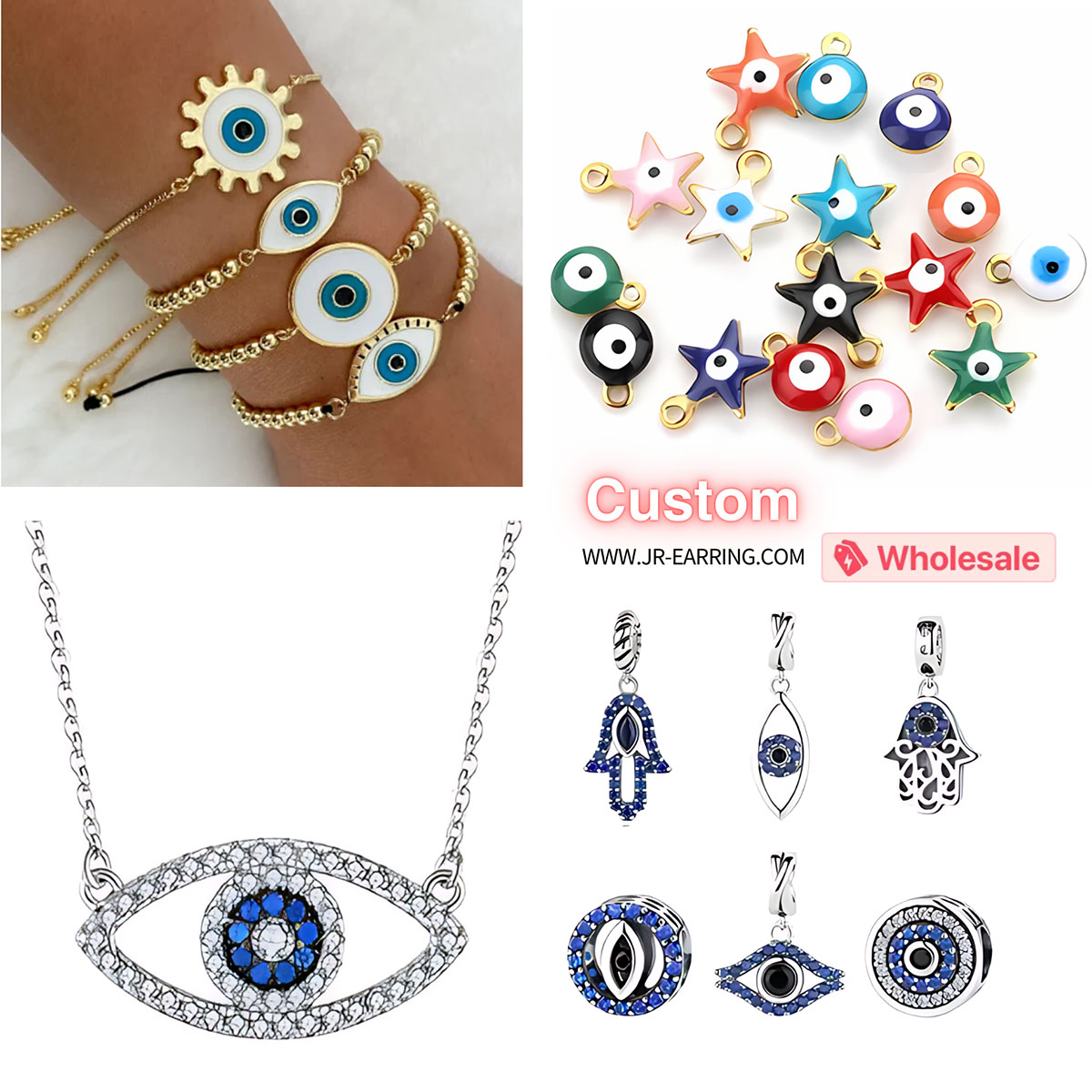 A collection of finished jewelry pieces like bracelets and necklaces made with evil eye charms.