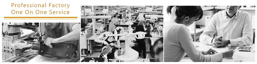 Collage showing the professional factory environment and one-on-one customer service for leather goods.