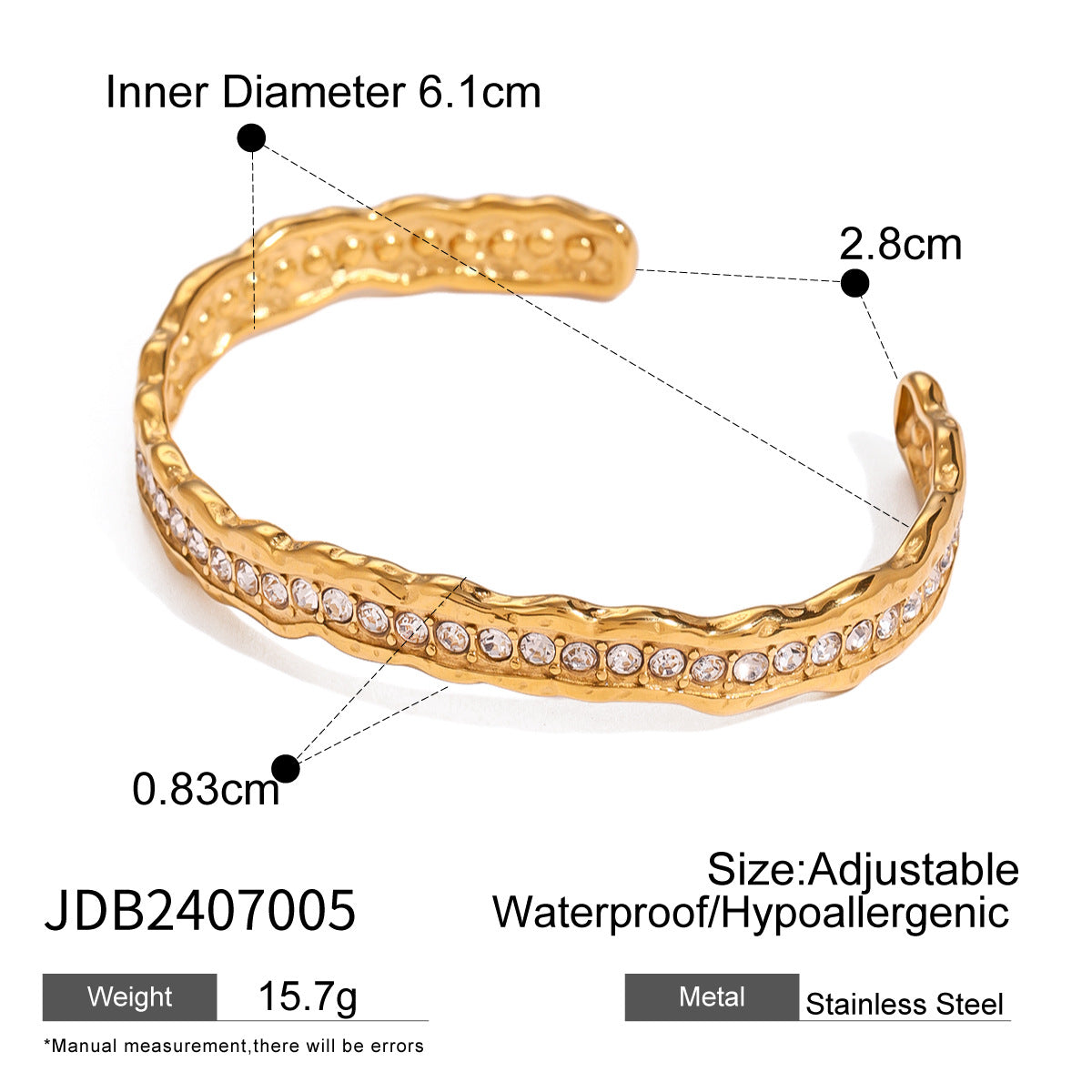 Specifications chart for the gold-plated zircon cuff bracelet, showing dimensions and material details.