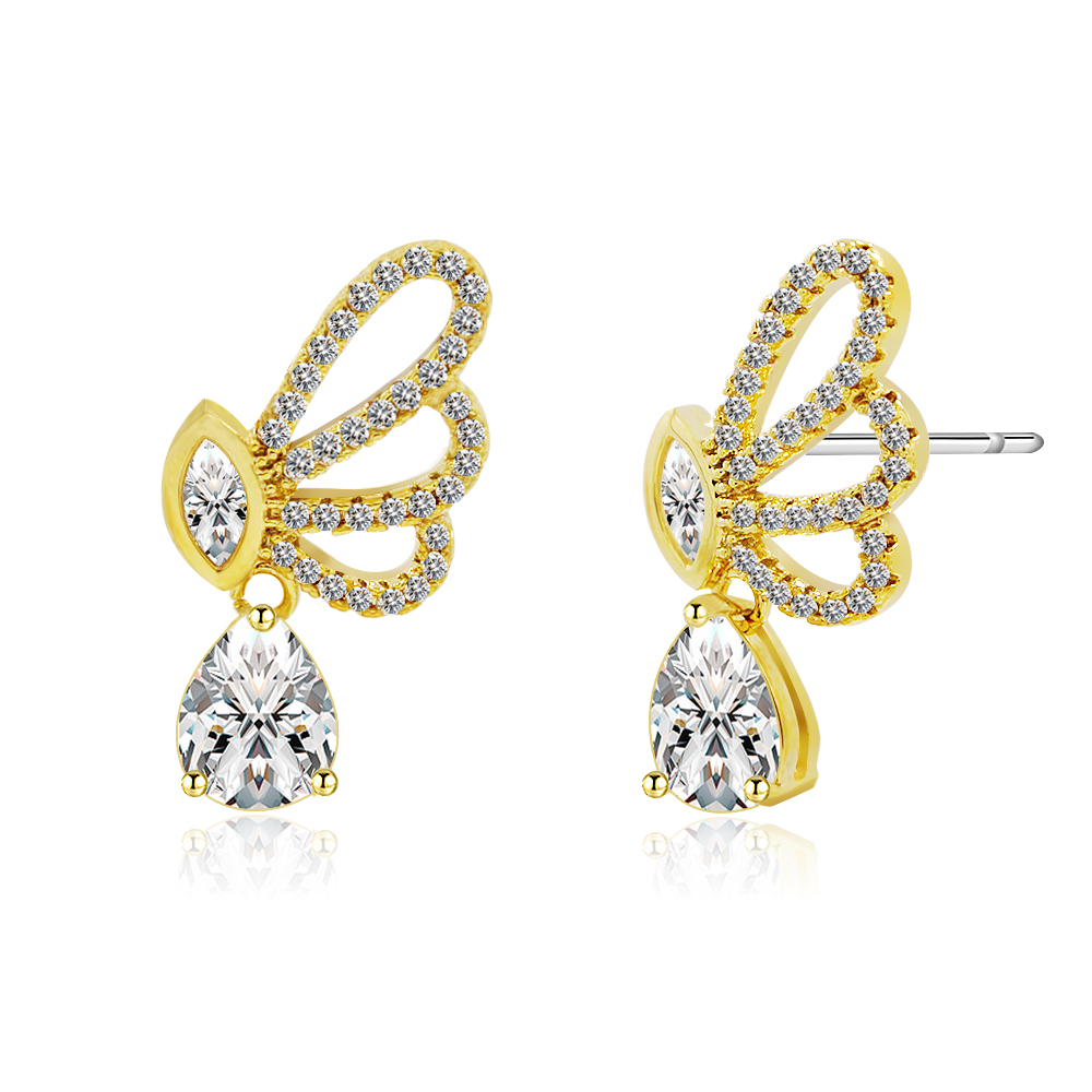 A detailed view of the gold butterfly earrings with clear teardrop-shaped cubic zirconia gemstones