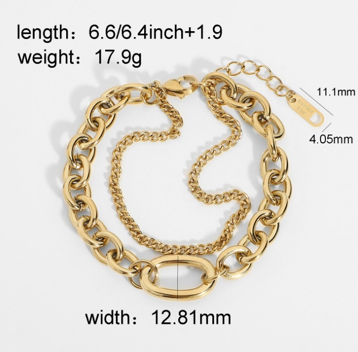 Detailed diagram showing the dimensions of the gold chain bracelet