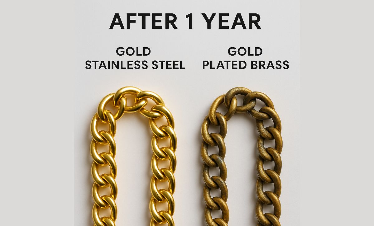 A side-by-side comparison showing a pristine gold stainless steel chain next to a tarnished gold-plated brass chain after one year of wear.
