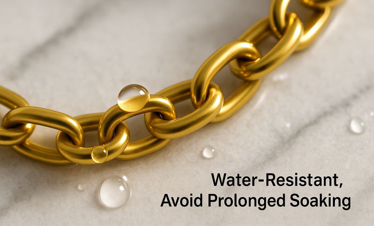 Close-up of a gold PVD coated stainless steel chain with water droplets, demonstrating its water-resistant quality.