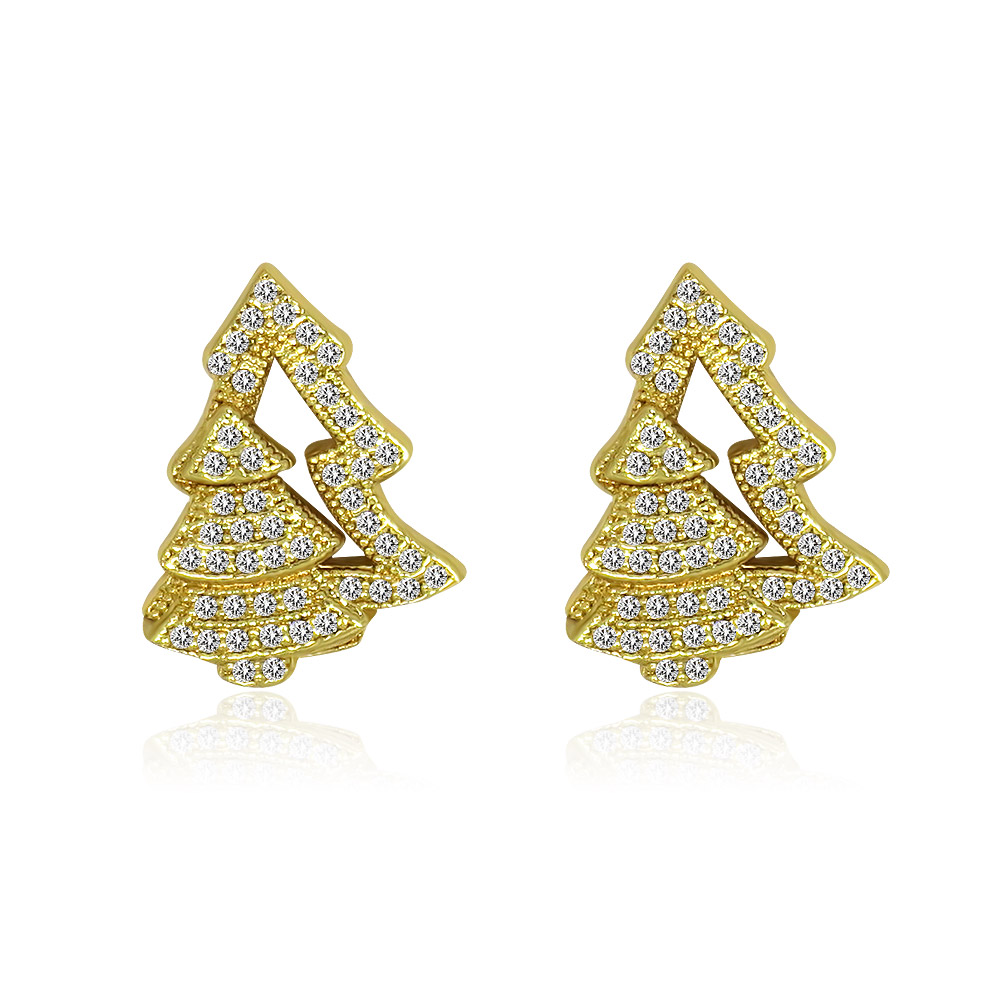 Detailed view of the Gold Christmas Tree Stud Earrings with sparkling CZ stones.