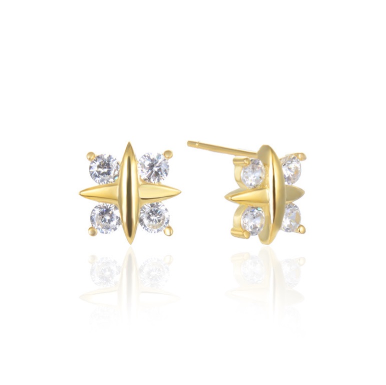 Detailed view of the cross-shaped 925 sterling silver dainty cubic earrings with four clear gemstones.