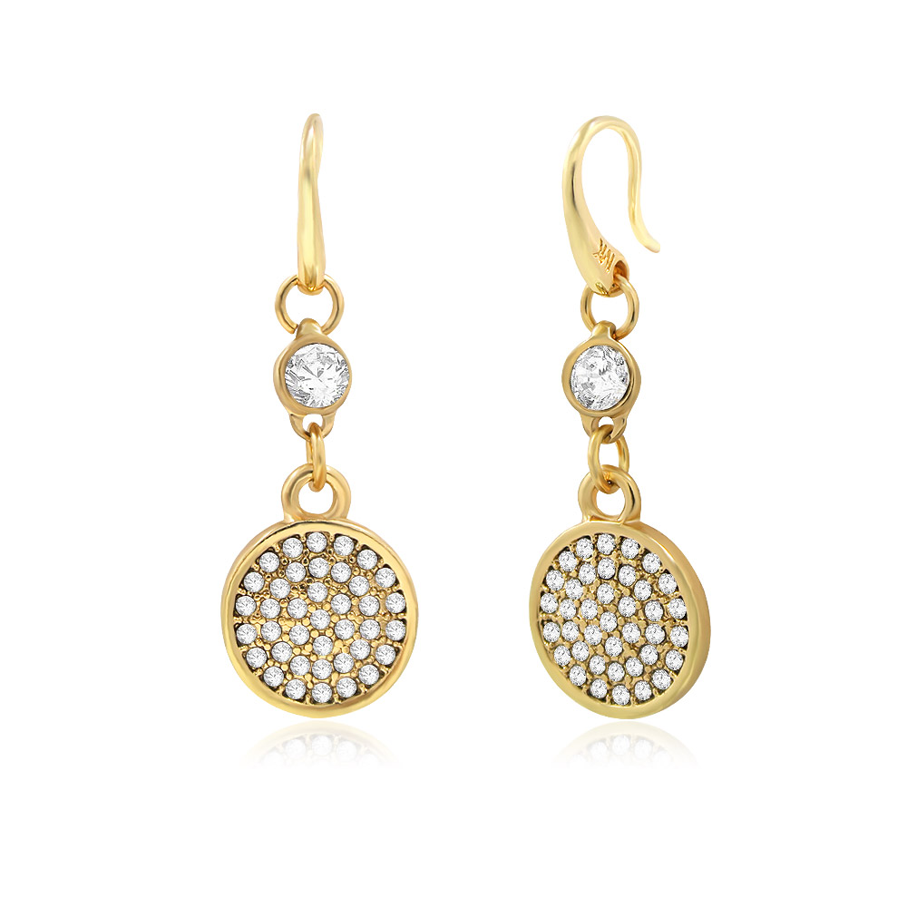 Close-up of the Disc Pave Drop Earrings highlighting the sparkling crystal details