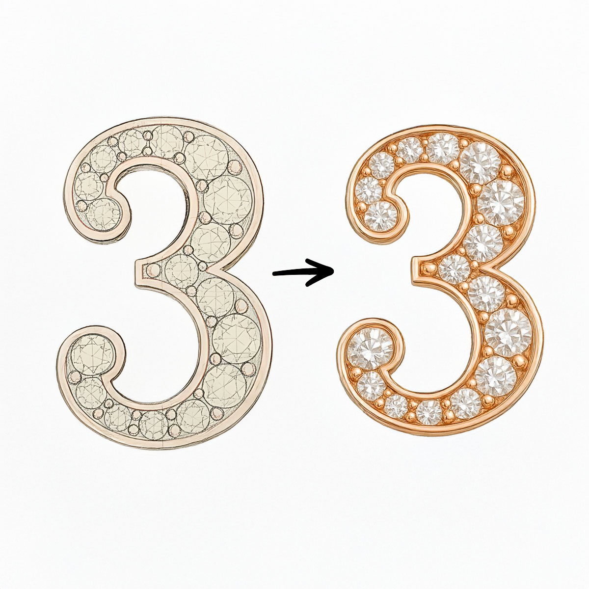 The design evolution of a letter brooch, from a jewelry design sketch to the final production sample of a number 3 pendant.