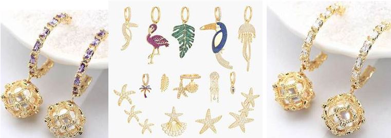 A collection of unique gold earrings with designs like flamingos, toucans, leaves, and starfish.