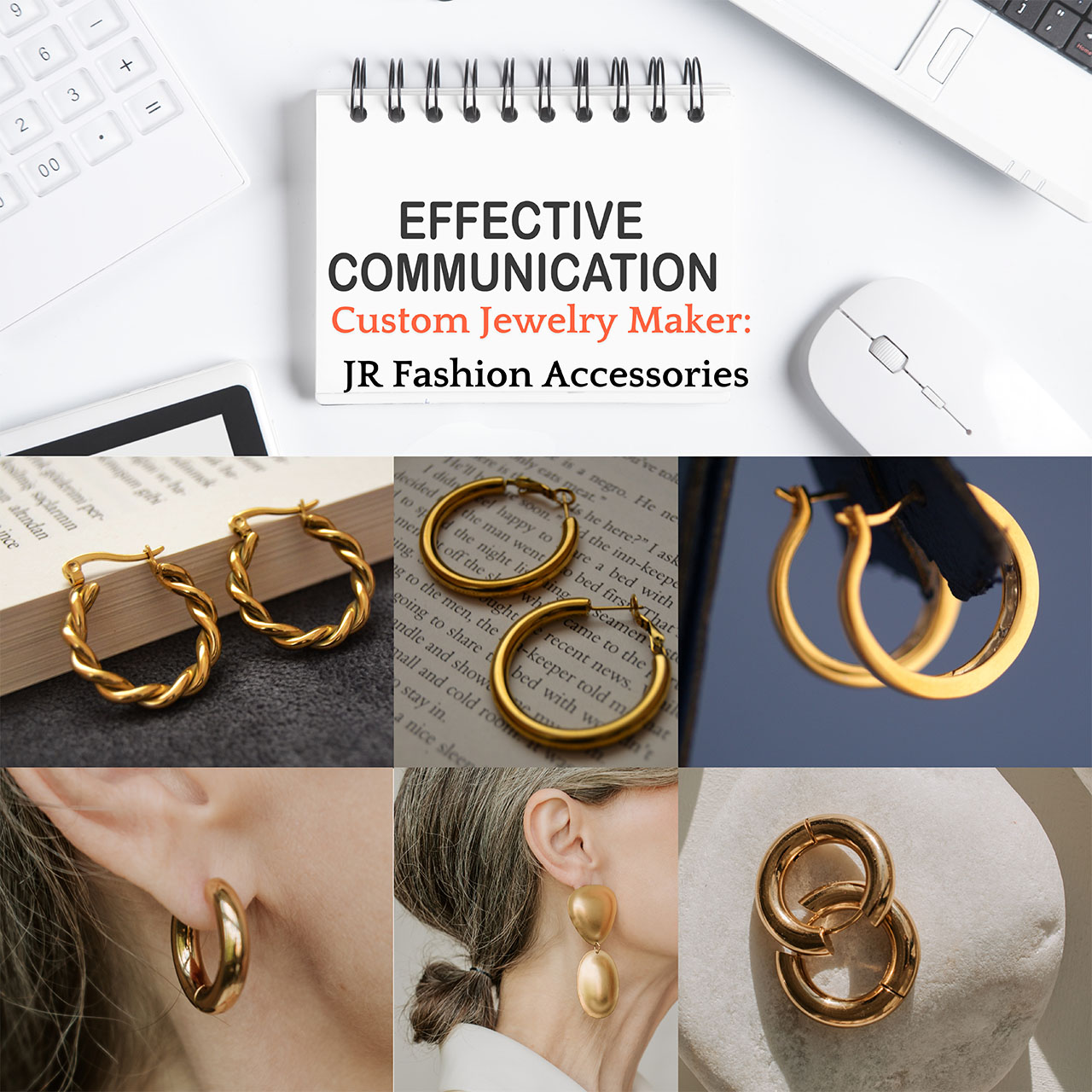 Showcase of various custom gold earrings from JR Fashion Accessories