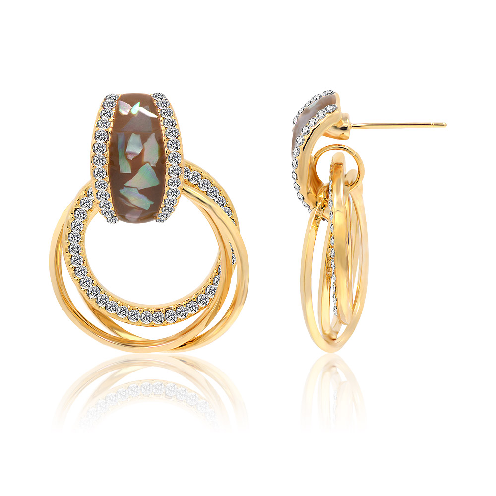 A pair of Brown Shell Print Enamel Hoops Drop Earrings displayed on a surface