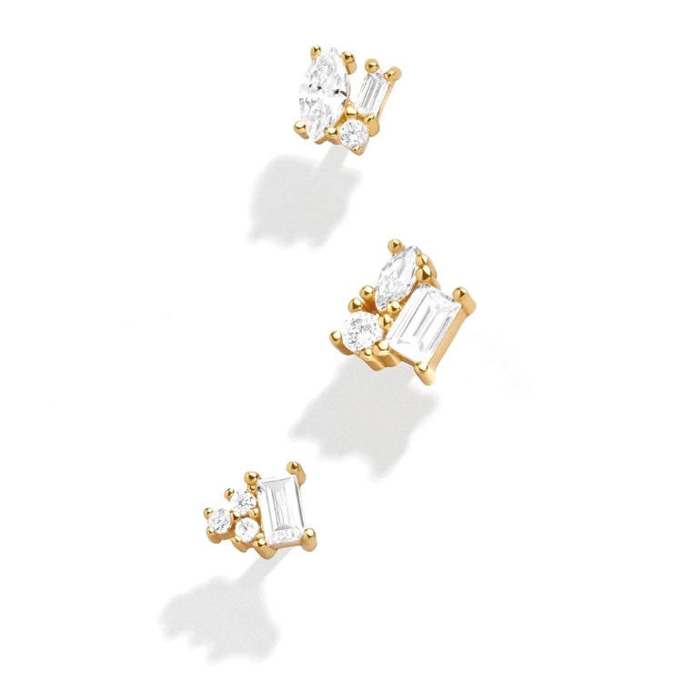 Three pairs of sterling silver stud earrings with clear cubic zirconia stones in various elegant cuts.