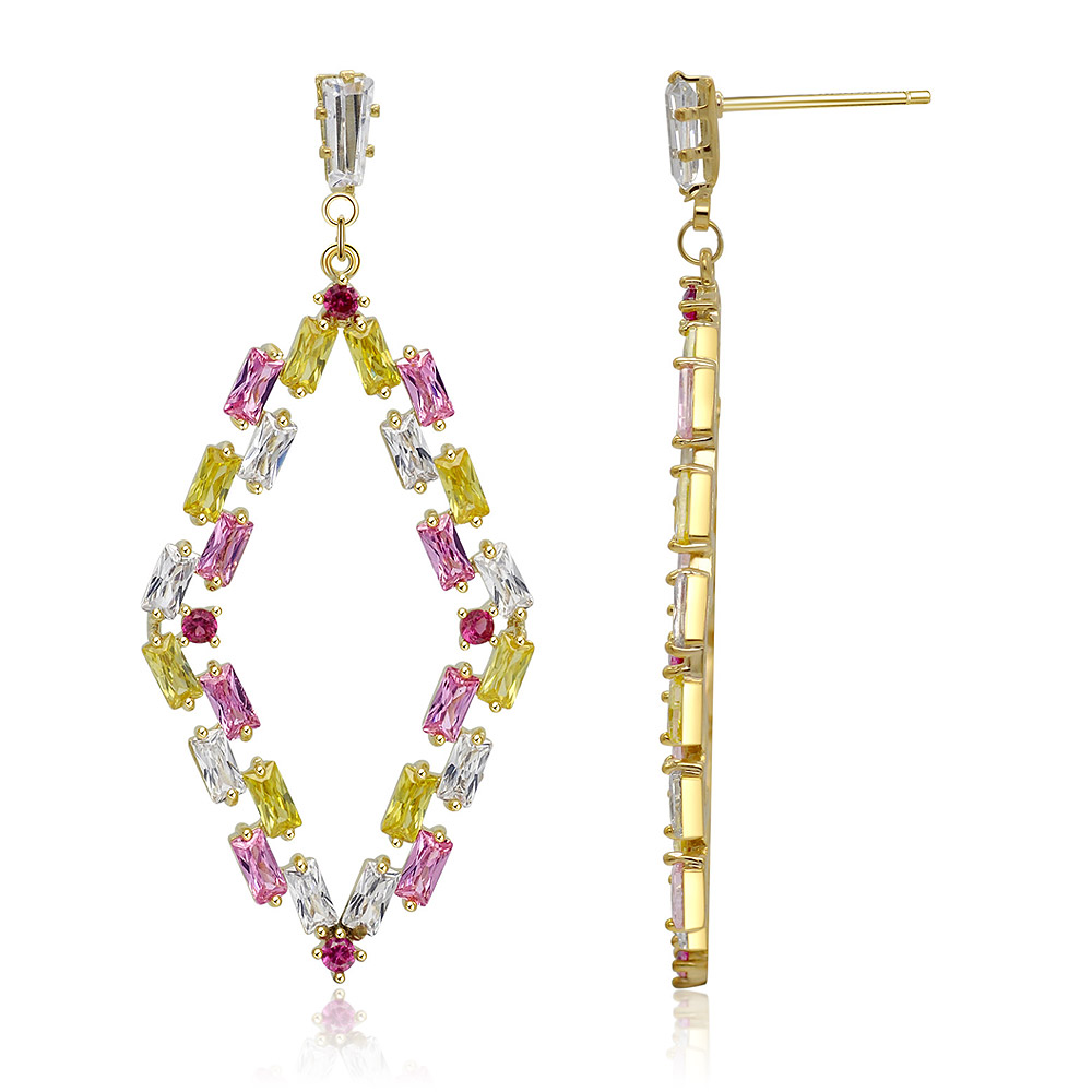 A pair of Fashion Tapper Multi Color CZ Drop Earrings showing the vibrant gemstones