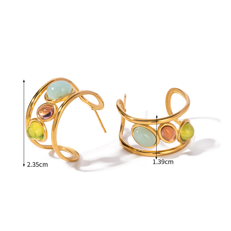Detailed view of the stainless steel opal stone stud earrings with dimensions.
