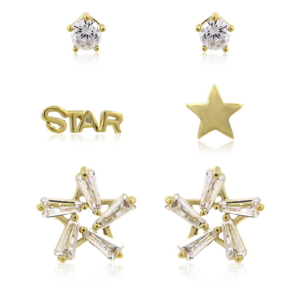 A set of three pairs of gold star stud earrings with cubic zirconia on a white background