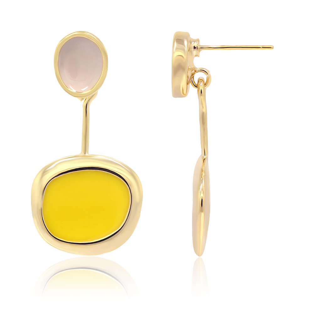 Side view of the beige and yellow two-tone enamel earrings