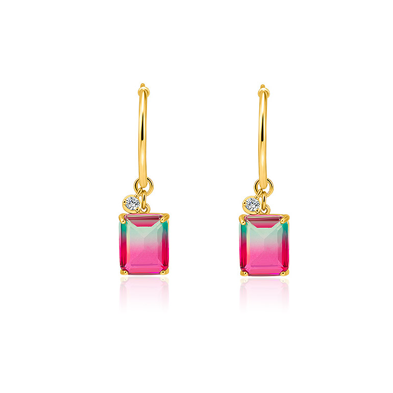 A detailed look at the vibrant rainbow stone on the Gold Drop Hoop Earrings
