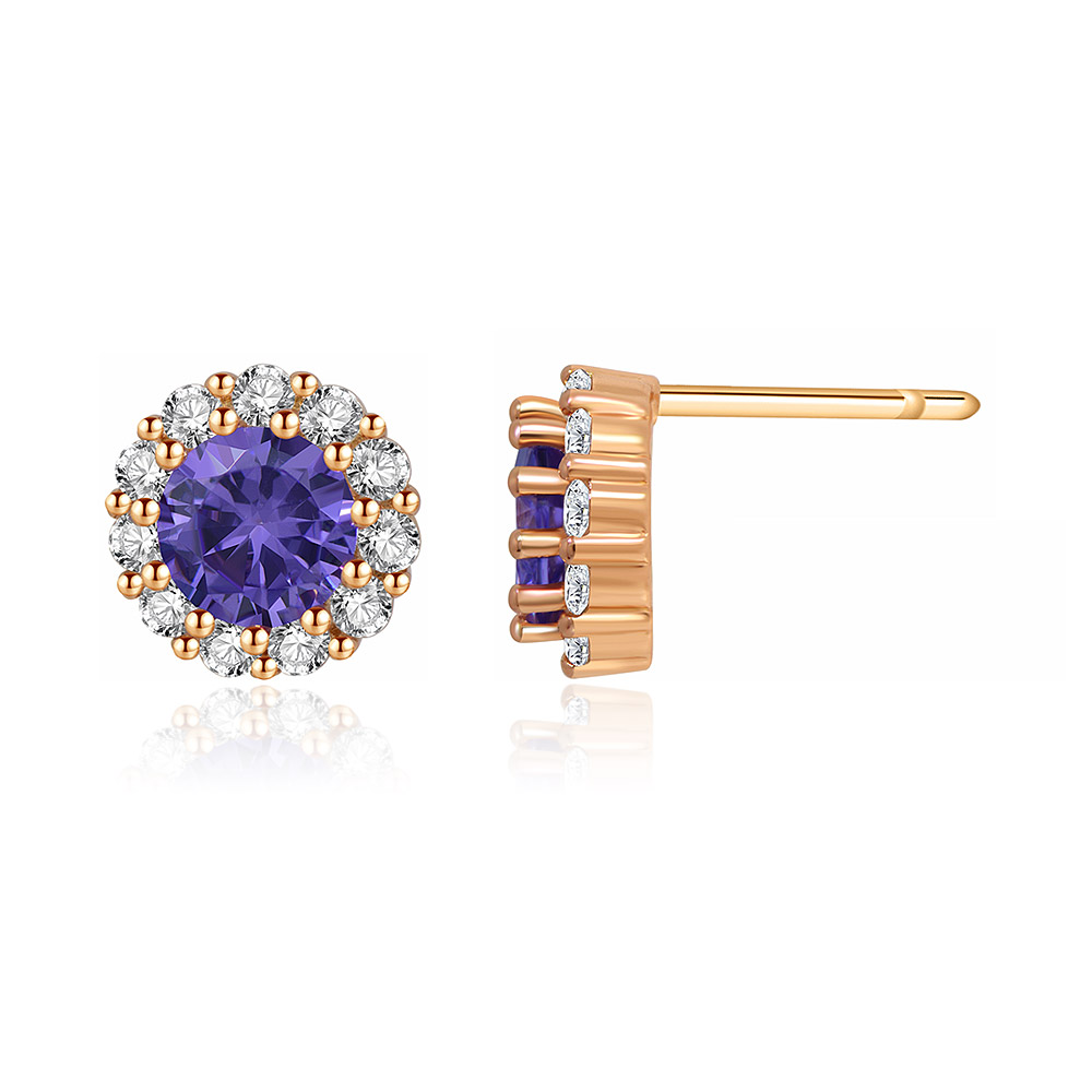 A side profile of the amethyst stud earrings showcasing the rose gold setting.
