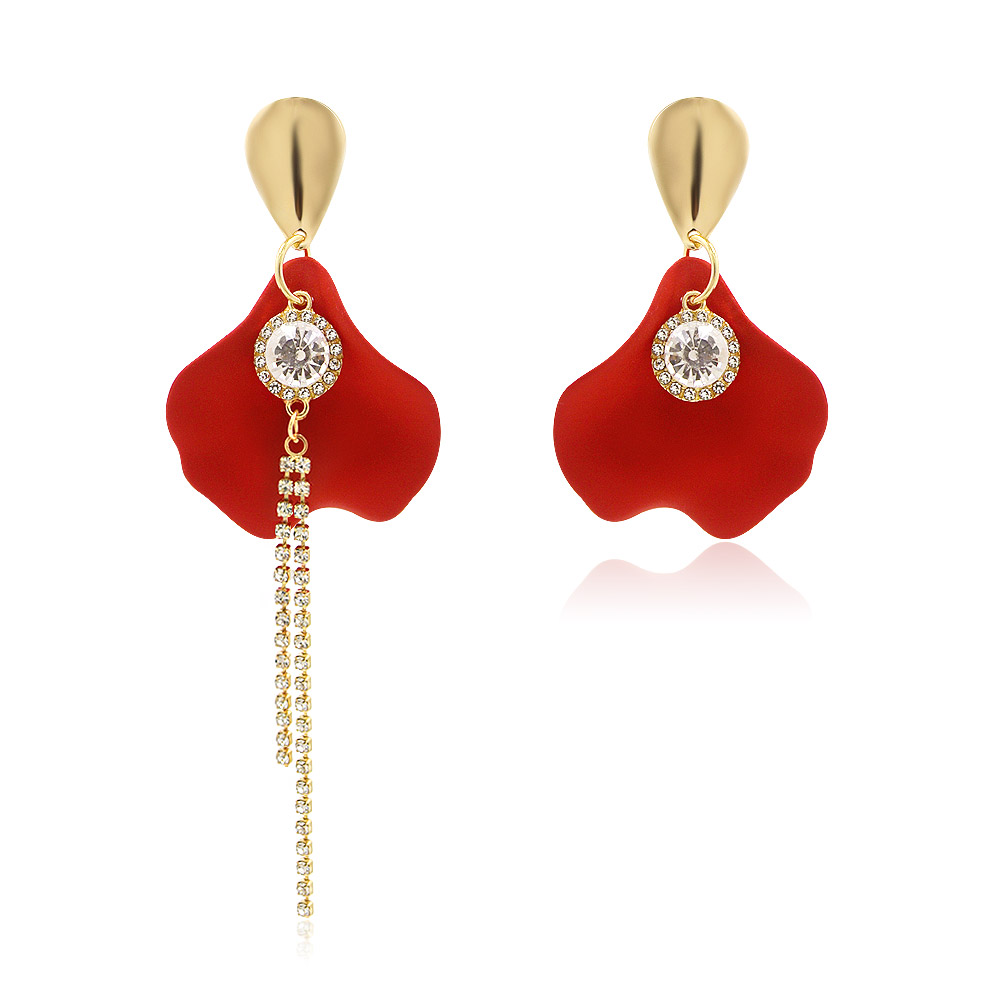 Unique gold earrings with red petal drops and clear gemstones