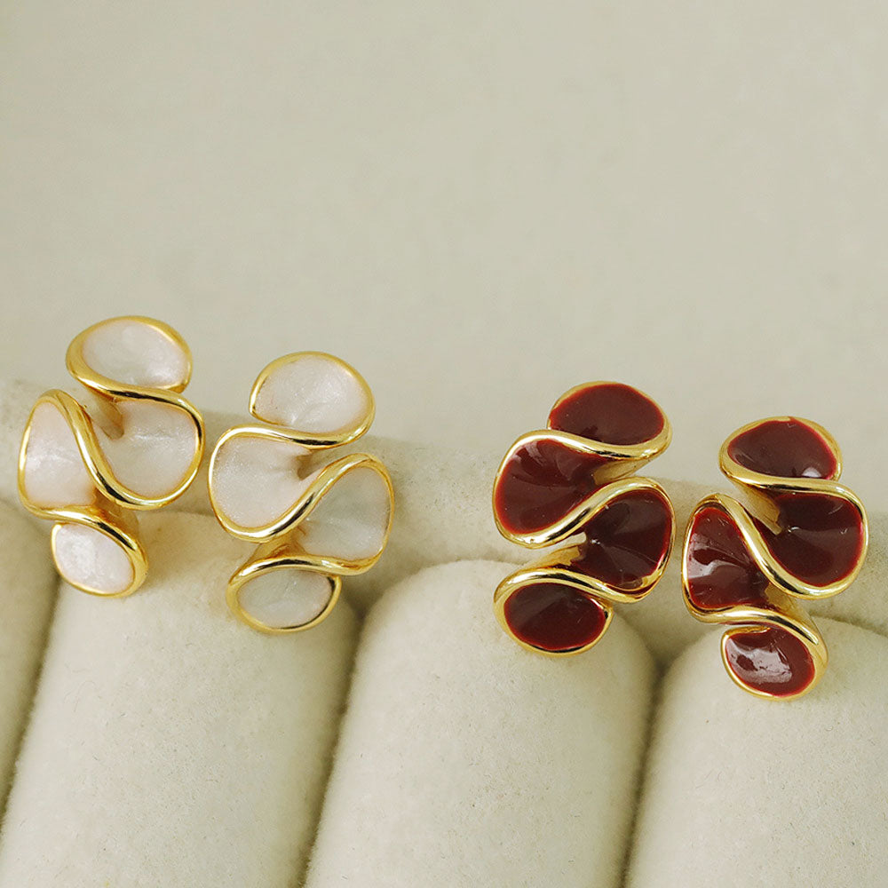 White and red enamel wave earrings with gold finish