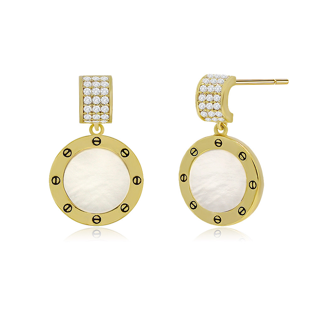 A close-up view of the Pave and Shell Drop Earring, highlighting the white shell pearl center and the detailed gold-plated frame.