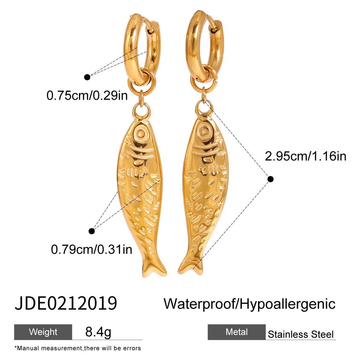 Specification chart for the gold fish earrings showing dimensions and materials.