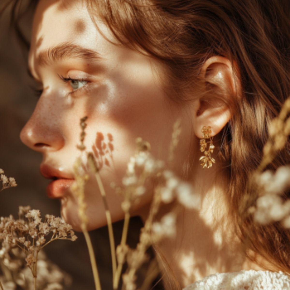 Close-up of a fashion model wearing elegant gold floral stainless steel earrings.