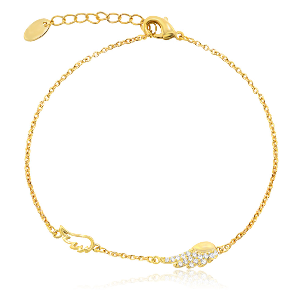 Detailed view of the Gold Angel Wing Bracelet with Cubic Zirconia charm